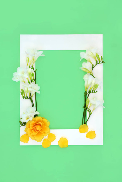 緑の背景に白い枠に創造的なバラのフリージアの花の配置。最小境界自然,誕生日,春,夏,記念日,ブライダル,母の日,イースター組成.平面、コピースペース. - 写真・画像