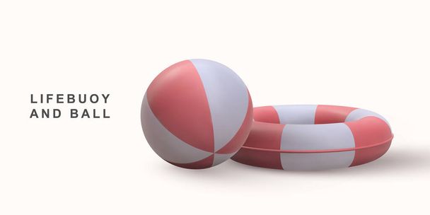 3D realistic beach ball and lifebuoy. - Vector, Image