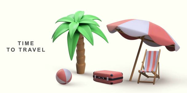 3D Sommerferienkonzept mit Liegestuhl, Sonnenschirm und Sommerelementen. - Vektor, Bild