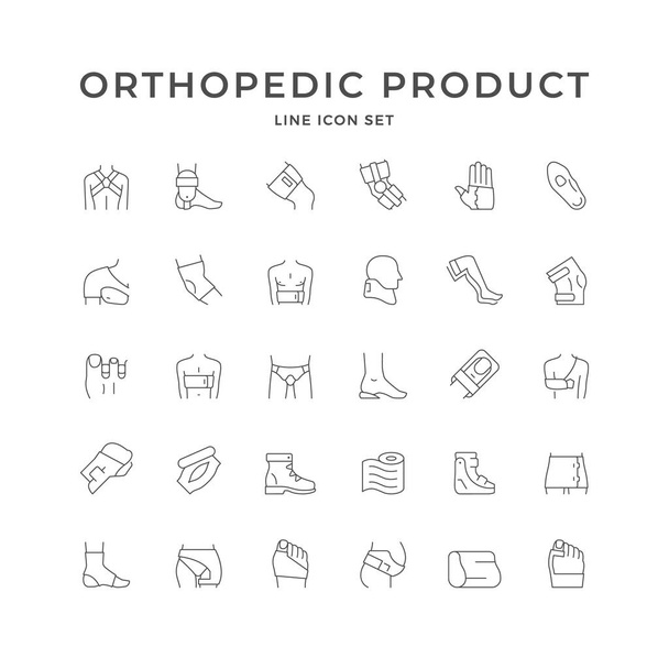 Stel lijn pictogrammen van orthopedisch product geïsoleerd op wit. Polsbeugel, heupverband, sleutelbeensteun, hallux valgus spalk, elleboogmouw. Uitrusting voor revalidatie. Vectorillustratie - Vector, afbeelding