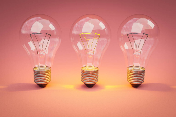 three retro style lightbulbs with glowing filament standing in a row on infinite background; creativity design concept; 3D Illustration - Фото, изображение