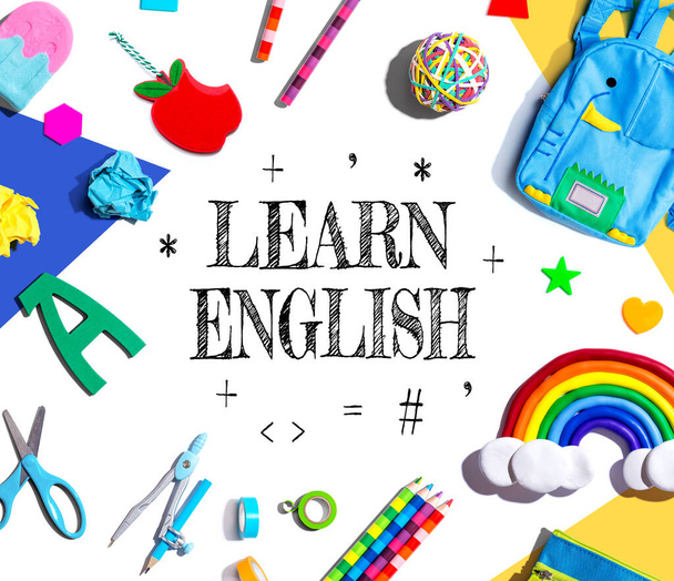Learn English theme with school supplies overhead view - flat lay - Φωτογραφία, εικόνα