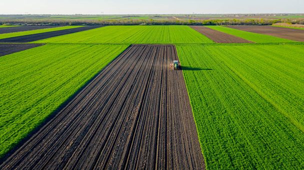 Above view, of tractor as pulling mechanical seeder machine over arable field, soil, planting new cereal crop, corn, maize. - Photo, Image