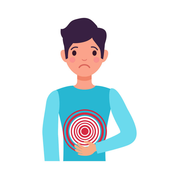 Symptôme de gastrite icône plate avec l'homme souffrant de maux d'estomac illustration vectorielle - Vecteur, image