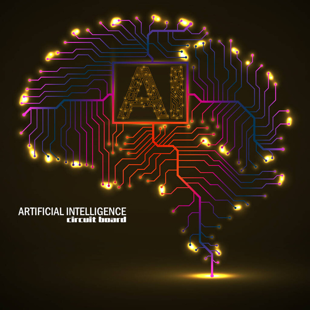 Abstract technological brain with Artificial Intelligence. Neon circuit board brain. Technology concept - Vector, Image