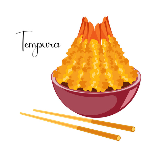 Japońska tempura krewetek, smażone krewetki w misce. Azjatyckie owoce morza. Ilustracja, wektor - Wektor, obraz