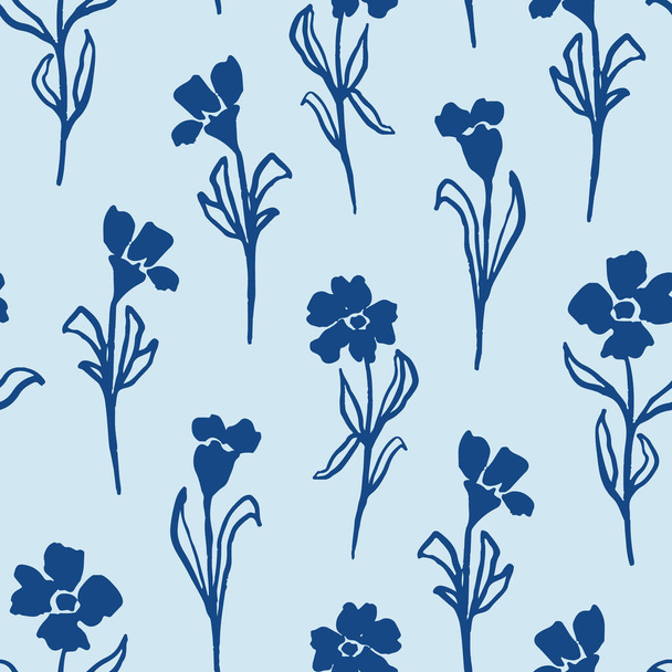 Floraciones aisladas con hojas patrón de repetición sin costuras. Dibujado a mano, flores vectoriales por todas partes imprimir sobre fondo azul claro. - Vector, Imagen
