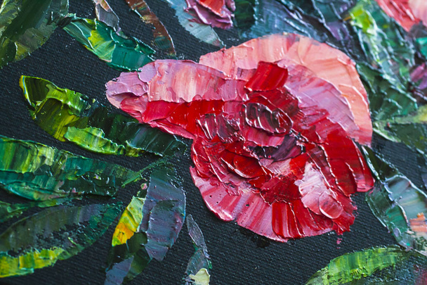 Texture oil painting with poppy in the middle closeup - Photo, Image