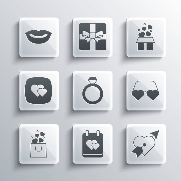 Set Calendar with heart, Amour and arrow, Heart shaped love glasses, Wedding rings, Shopping bag, Smiling lips and Gift box hearts icon. Vector - Vecteur, image