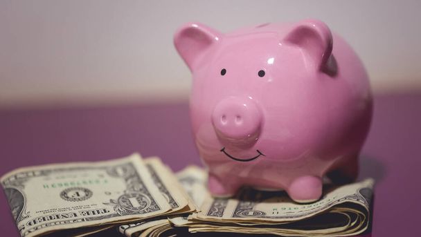 Um banco porquinho e notas de dólar americano numa peça de mobiliário de madeira roxa. Conceito financeiro. - Foto, Imagem