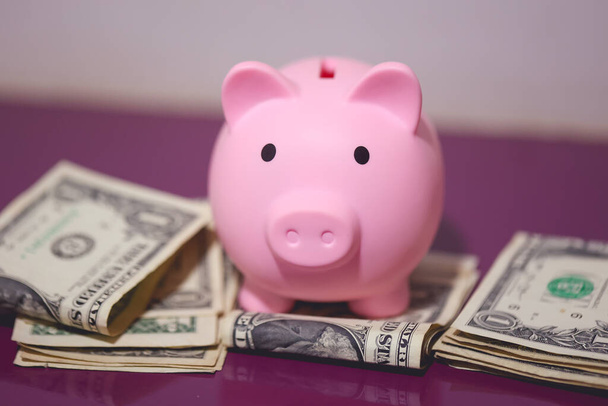 Um banco porquinho e notas de dólar americano numa peça de mobiliário de madeira roxa. Conceito financeiro. - Foto, Imagem