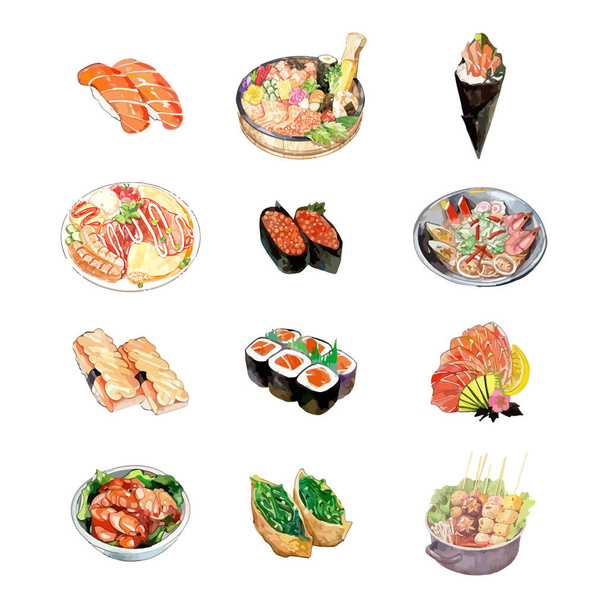 Set of Watercolor Japanese Food Vector Illustration - Vector, Image