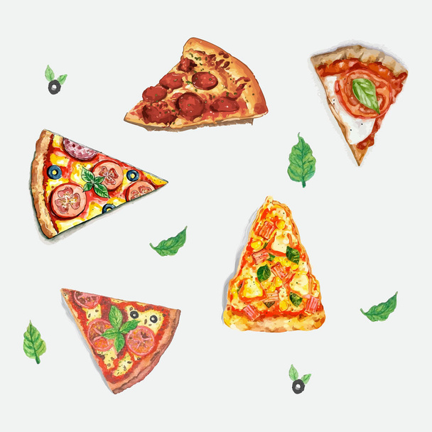 Vektorscheiben-Pizza mit Tomate, Käse, Basilikum, Salami auf weißem Hintergrund. Gekritzelte Draufsicht. Handgezeichnete Menü-Illustration, Linien- und Aquarellskizze. - Vektor, Bild
