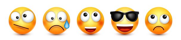 Cartoon emoji, emoticons collection. Yellow face with emotions, mood. Facial expression, realistic emoji. Sad, happy, angry faces. Funny character with smiling face. Vector illustration. - Vetor, Imagem