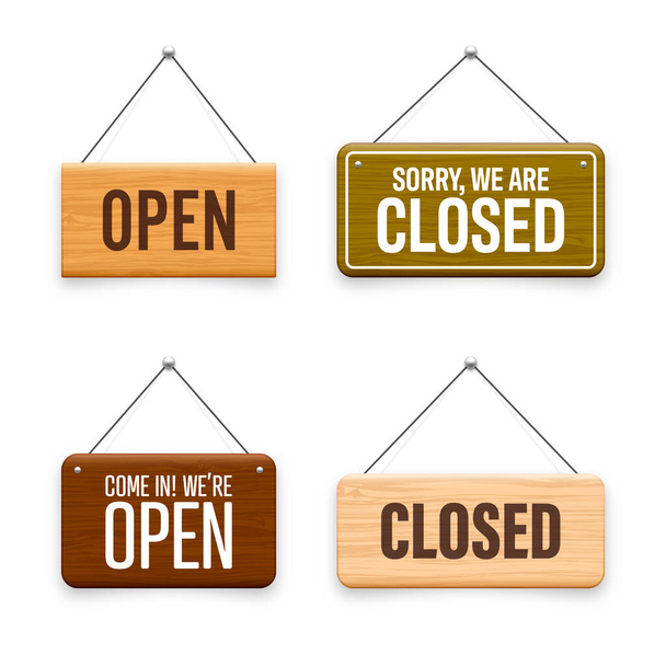 Wooden open or closed hanging signboards. Made of wood door sign for cafe, restaurant, bar or retail store. Announcement banner, information signage for business or service. Vector illustration. - Wektor, obraz