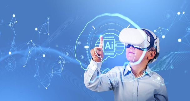 Child in vr glasses, finger touching glowing digital AI brain hud hologram, chip and digital lines. Concept of artificial intelligence, machine learning and education - Foto, Bild