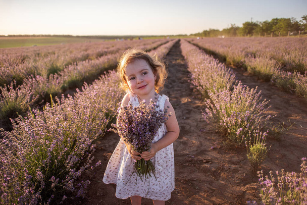 Detailní portrét holčičky v květinových šatech držící kytici s fialovou levandulí při západu slunce. Dítě stojí mezi řadami v poli. Procházka po venkově. Alergický koncept. Přírodní produkty, parfumerie - Fotografie, Obrázek