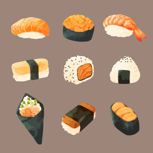 Set of Watercolor Sushi Vector Illustration - Vector, Image