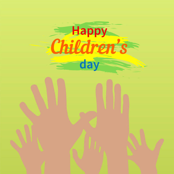 Χαρούμενη παιδική μέρα πολύχρωμη κάρτα με τα χέρια των παιδιών. - Διάνυσμα, εικόνα