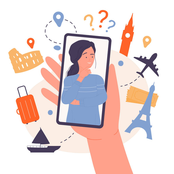 Woman planning travel, thinking about choice of destination country vector illustration. Cartoon hand holding mobile phone with pensive cute girl on screen to choose monuments location and transport - ベクター画像