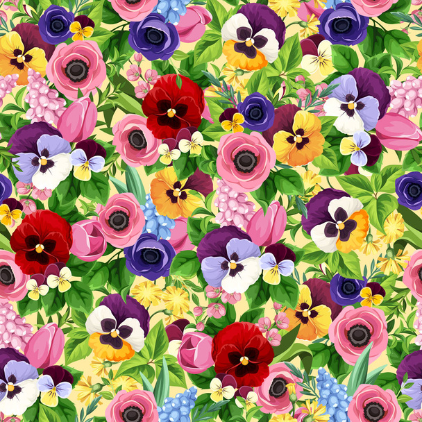 Florales nahtloses Muster mit bunten Tulpen-, Stiefmütterchen-, Hyazinthen- und Anemonenblüten. Vektorfloraler Druck - Vektor, Bild