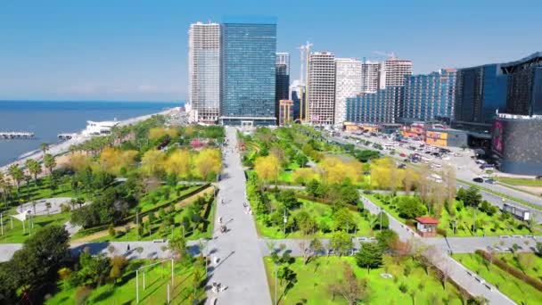 Resortstad Batumi in Georgië. Luchtfoto van groen park op zonnige dag tegen de achtergrond van de zee. Lehi en Maria Kaczynski Park in de stad. Mooie groene landschapsarchitectuur. Infrastructuur, bergen - Video