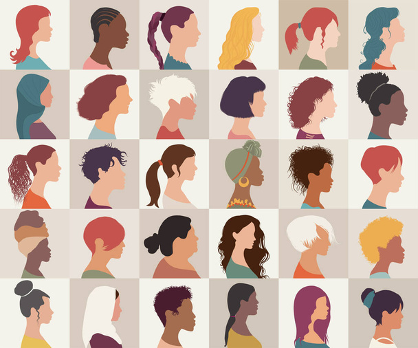 Avatar zestaw portret grupa kolekcji wielonarodowych kobiet i dziewcząt odizolowanych. Różne narodowości Azjatki - Afrykanki - Amerykanki - Kaukaskie - Arabki - Wektor, obraz