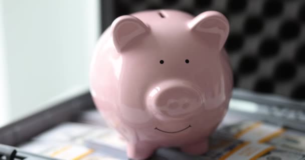 Rózsaszín malacpersely egy nyitott bőröndben, pénzzel, közeliben. Bankfelhalmozási számla koncepció, lassított mozgás - Felvétel, videó