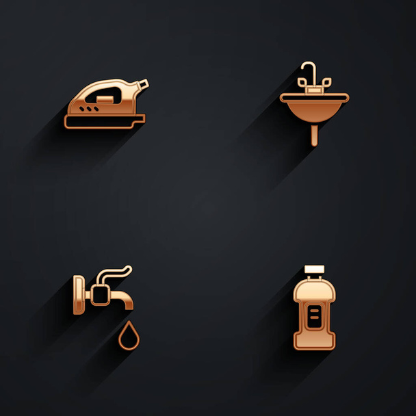 Set Fer électrique, lavabo, robinet d'eau et bouteille pour icône de détergent avec ombre longue. Vecteur - Vecteur, image