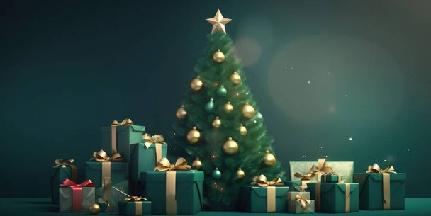 Christmas tree and Christmas gifts. Christmas banner or greeting card design - Fotó, kép