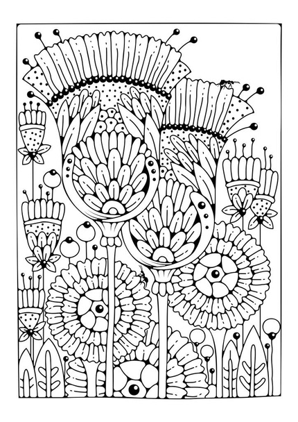 Coloring page with large flower and buds. Vector black and white background for coloring. Art therapy. Art line. - Zdjęcie, obraz