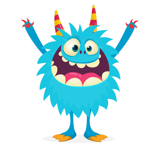 Cute cartoon horned and fluffy monster bigfoot smiling. Halloween vector illustration - Vector, Image