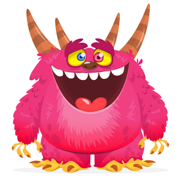 Funny cartoon smiling furry monster character. Illustration of cute and happy mythical alien creature. Halloween design. Great for party decoration, poster or package design - ベクター画像