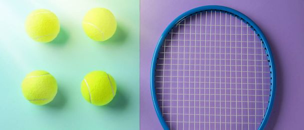 Tennis racket and balls on turquoise and violet background, flat lay. Banner design - Foto, Bild