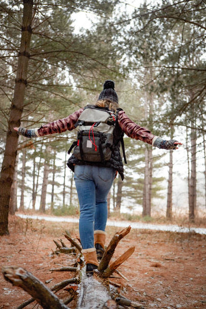 Hadd dobogjon a lelked egy kicsit. Hátulnézeti felvétel egy fiatal nőről, aki egy fatörzsön sétál a vadonban télen - Fotó, kép