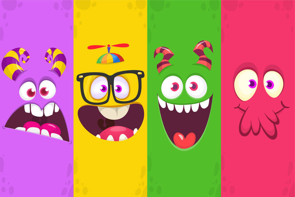 Funny cartoon monster faces emotions set. Illustration of mythical alien creatures different expression. Halloween party design. Great package design. Vector isolated - Διάνυσμα, εικόνα