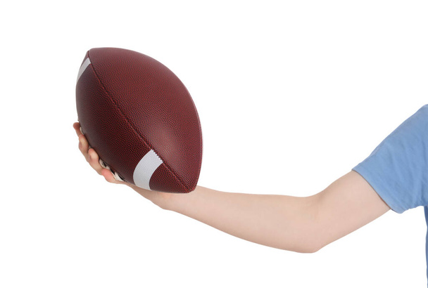 Boy with american football ball on white background, closeup - Foto, Imagen