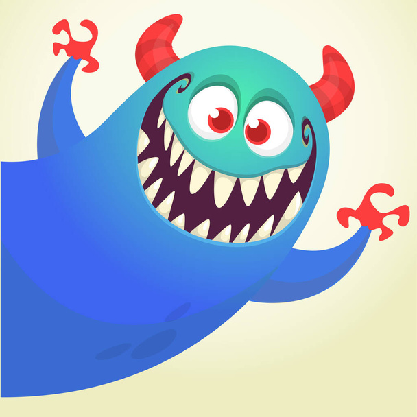 Funny cartoon smiling monster character pop up and waving hands. Illustration of happy mythical alien creature. Halloween party design. Vector isolated - Διάνυσμα, εικόνα