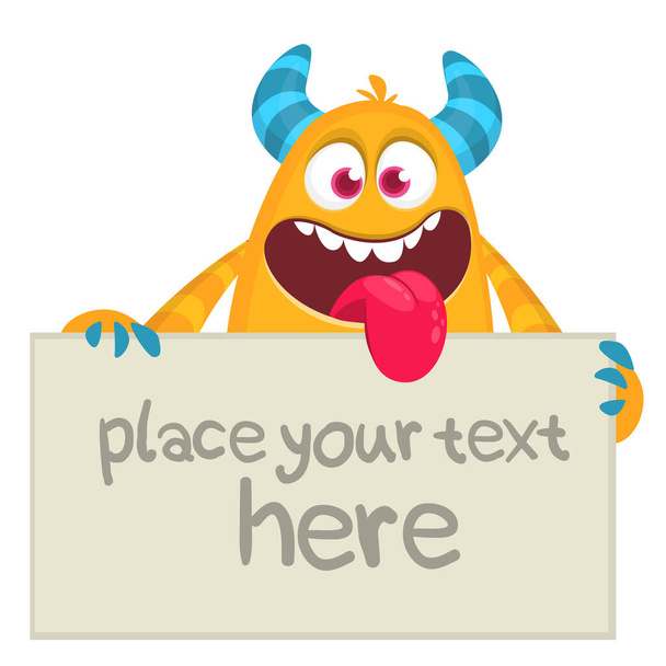 Funny cartoon monster character holding blank paper sheet or board for text. Illustration of happy alien creature. Halloween party design. Vector isolated - Vector, afbeelding