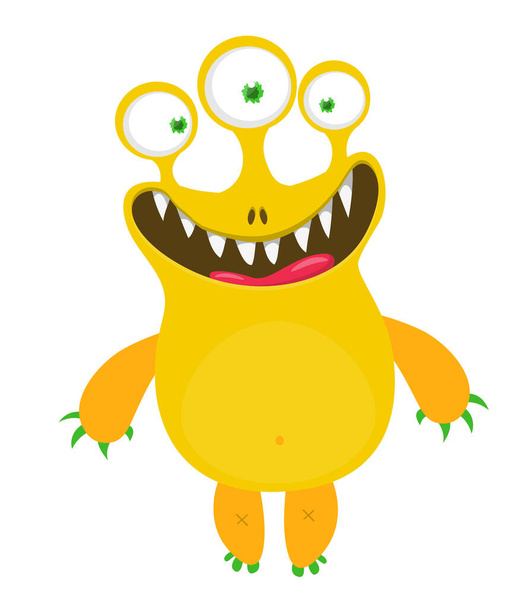 Funny cartoon smiling  monster character with three eyes. Illustration of cute and happy mythical alien - Wektor, obraz