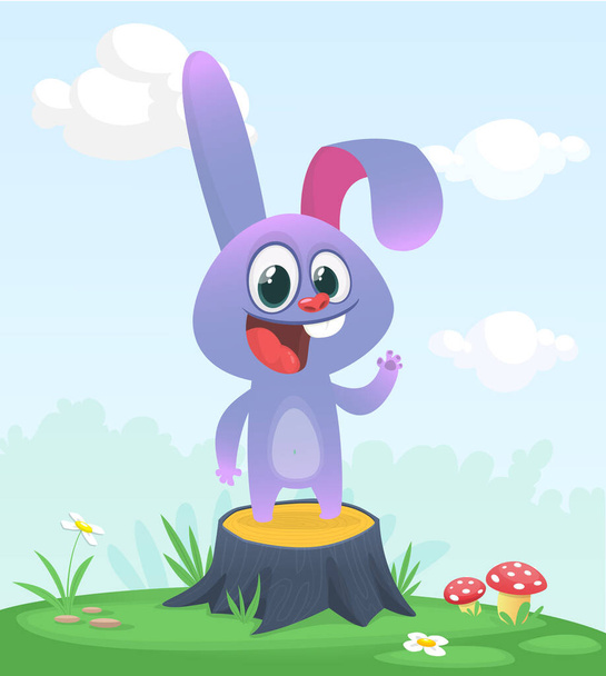 Kreskówka zabawny i szczęśliwy królik stojący na letniej łące na pniu drzewa. Wektor ilustracja zająca królika wielkanocnego izolowane - Wektor, obraz