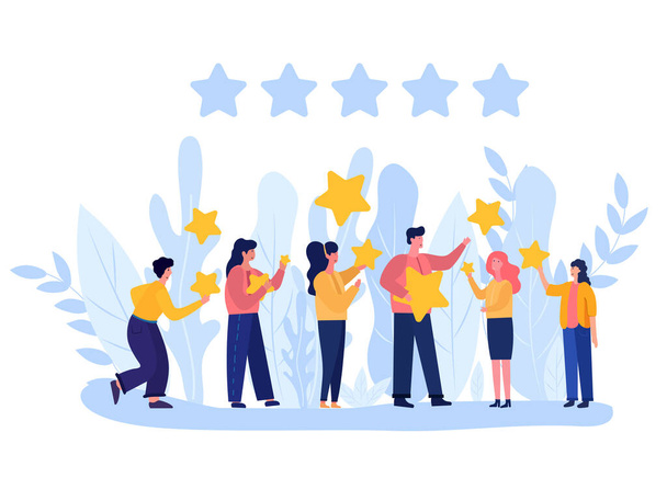Illustration of people characters giving five-star feedback through stars rating system. Vector concepts depicting customer reviews with both positive and negative ratings. Vector. - Vector, Image