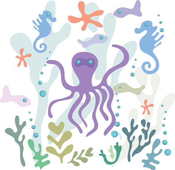 Lilac octopus in the underwater world among corals, starfish and seahorses. Vector image. - Διάνυσμα, εικόνα