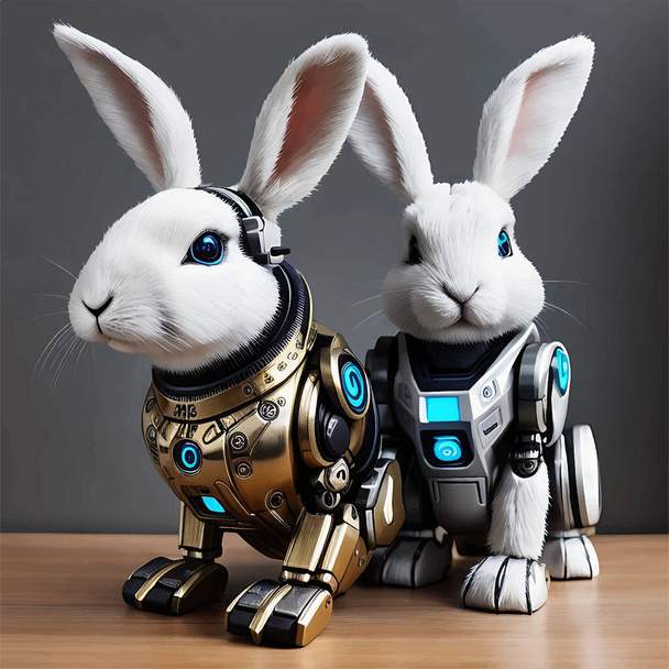 Illustration photoréaliste de lapins cyborgs mécaniques 3D super réalistes - Vecteur, image