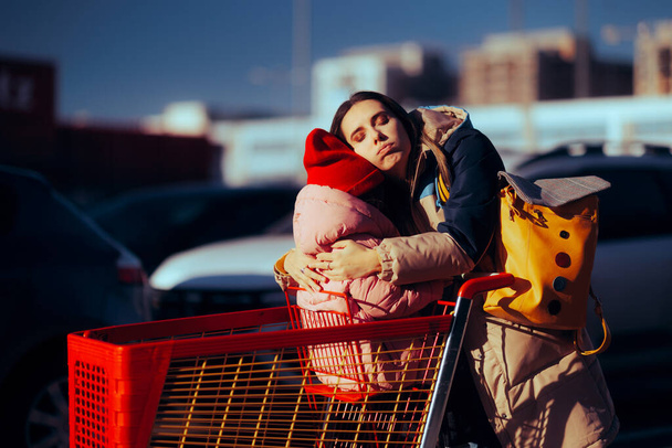Concerned Mother Hugging her Little Child Going Shopping  - Valokuva, kuva