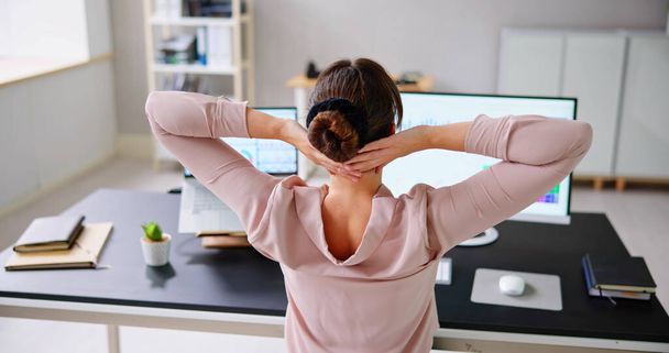 Stretch Workout Exercise At Desk Office. Woman At Break - Foto, afbeelding