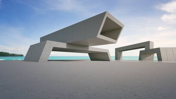 Abstrakti arkkitehtuuri suunnittelu modernin rakennuksen. Tyhjä pysäköintialue betonilattia rannalla ja sinisellä taivaalla merinäköalalla. 3D renderöinti taustakuva auton kohtaus. - Valokuva, kuva