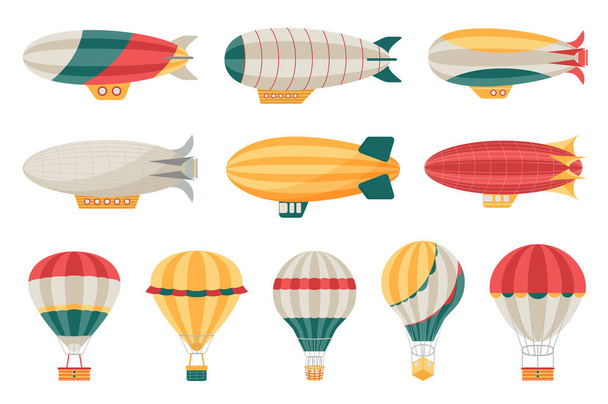 Cartoon airship mega set elements in flat design. Bundle of different types and colors hot air balloons and dirigibles. Vintage aerial transportation. Vector illustration isolated graphic objects - Вектор, зображення