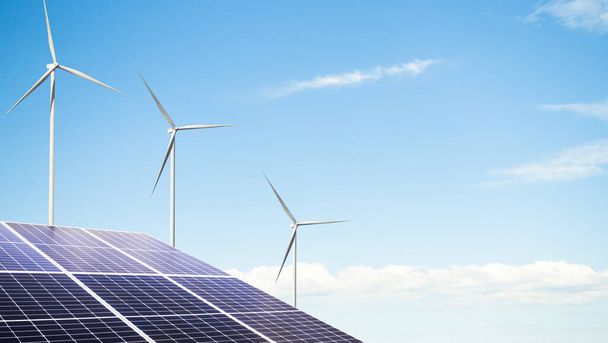 Větrná elektrárna Farma se solárním panelem Turbine Cell na pozadí modrého nebe, větrná elektrárna generátor obnovitelných polí, turbína Elektrická udržitelná stanice Klimatická elektřina, Eco životní prostředí. - Fotografie, Obrázek