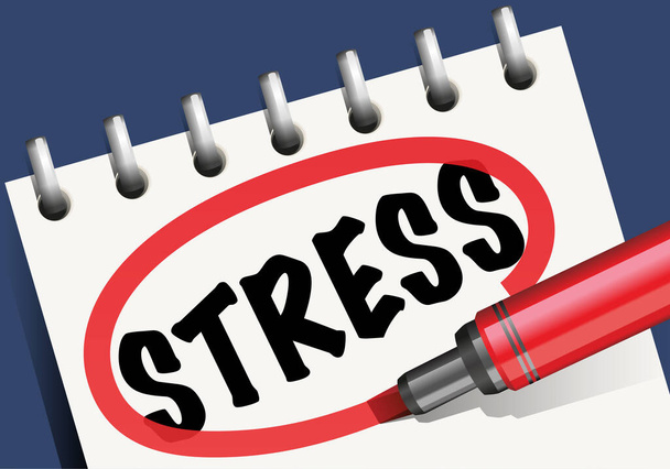 Concept van burn-out en werk overbelasting met het woord stress geschreven in marker en omcirkeld in het rood op een notitieblok. - Vector, afbeelding